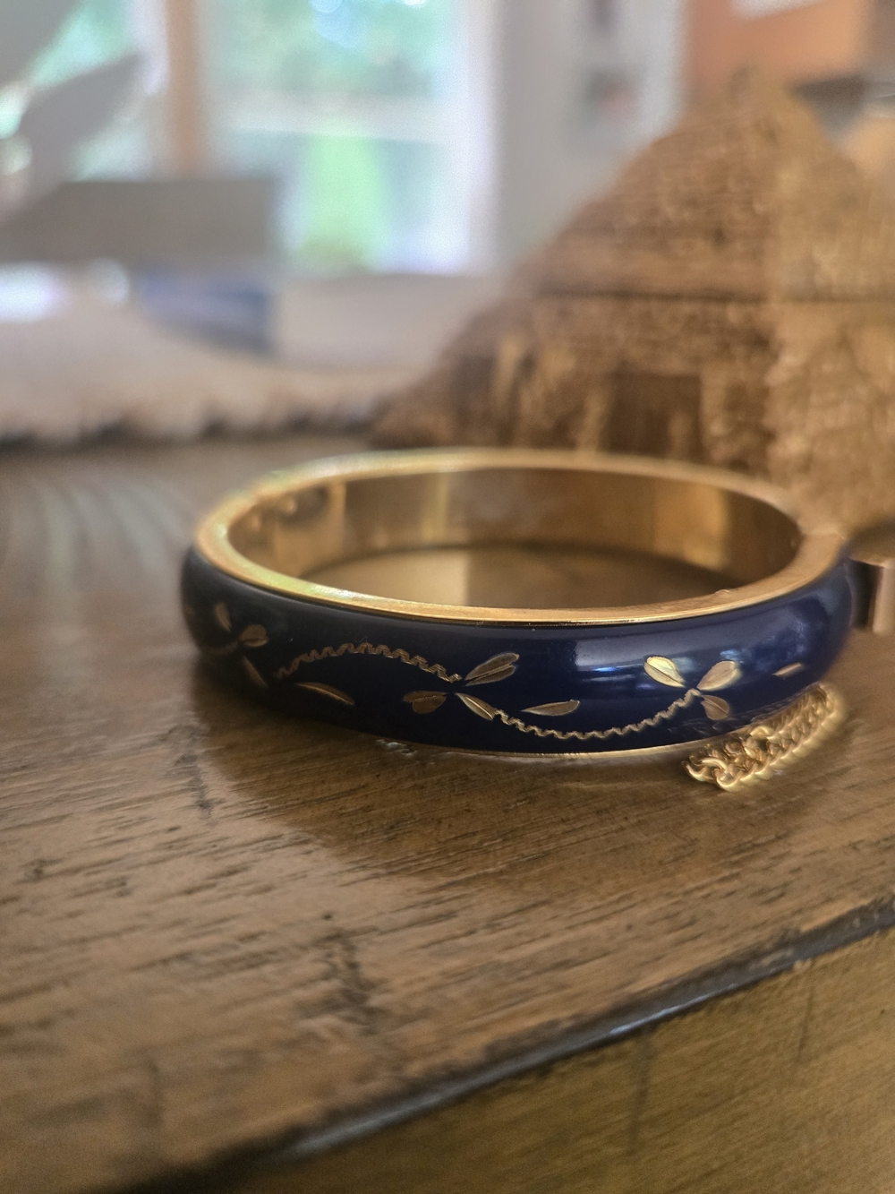 Gold-Tone Navy Blue Enamel Leaf Bangle Bracelet